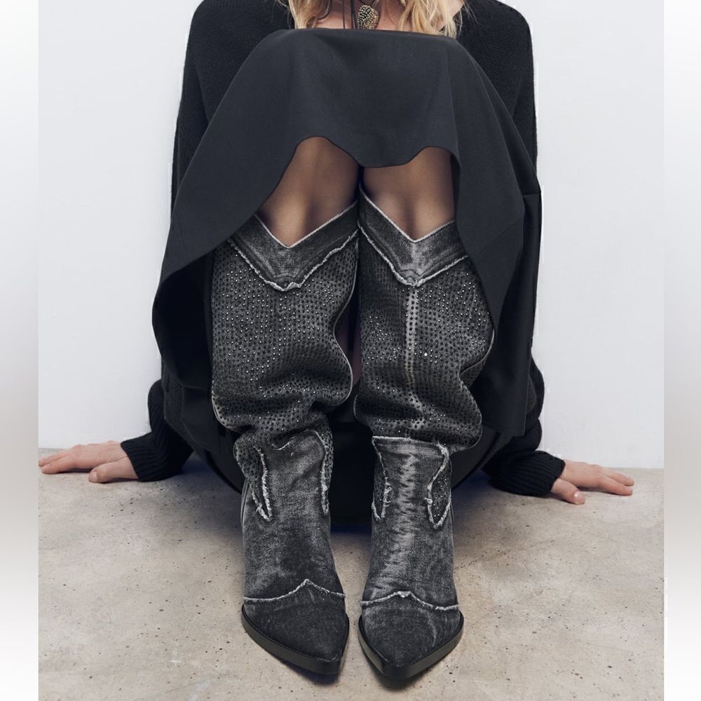 NWT Zara Rhinestone Denim Cowboy Boots - Picture 3 of 12